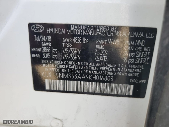 2019 Hyundai Santa Fe Limited with VIN 5NMS53AA9KH016803, listed as a Copart auction lot 41851165 with 178,432 mi miles and Salvage Title. Bid and sale history available at carsss.com. Image 13.