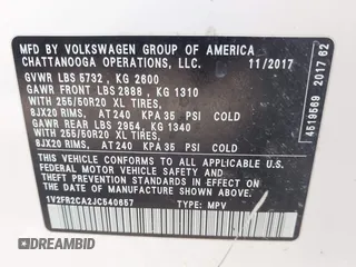 2018 Volkswagen Atlas SE z VIN 1V2FR2CA2JC540657, wystawiony jako IAAI lot #42115554 z przebiegiem 107 309 mil mil oraz . Historia ofert i sprzedaży dostępna na DreamBid. Obrazek 9.
