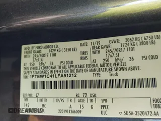 2020 Ford F-150 XL with VIN 1FTEW1C41LFA51212, listed as a IAAI auction lot 41327073 with 1 mi miles. Bid and sale history available at carsss.com. Image 9.