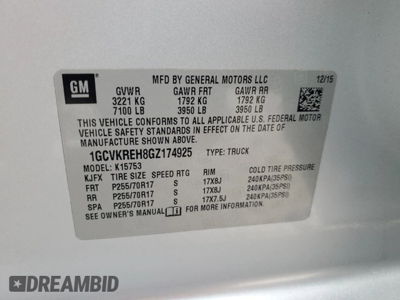 2016 Chevrolet Silverado 1500 LT with VIN 1GCVKREH8GZ174925, listed as a Copart auction lot 52676905 with 288,012 mi miles and Salvage Title. Bid and sale history available at DreamBid. Image 12.