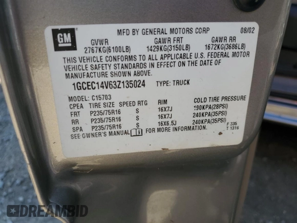 2003 Chevrolet Silverado 1500 with VIN 1GCEC14V63Z135024, listed as a Copart auction lot 73951784 with 175,425 mi miles and Salvage Title. Bid and sale history available at carsss.com. Image 13.