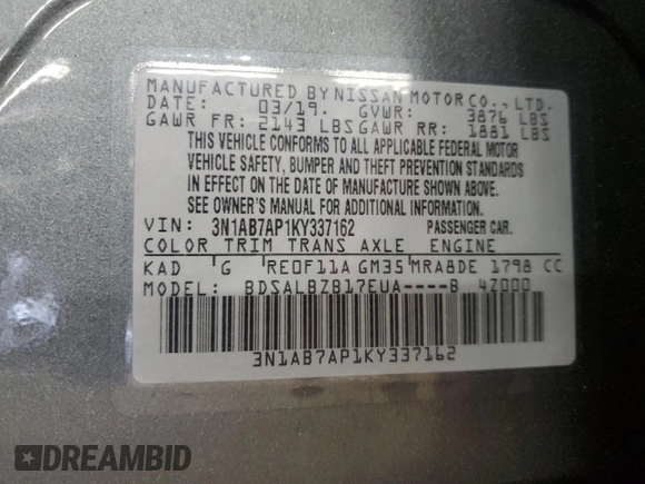 2019 Nissan Sentra SR with VIN 3N1AB7AP1KY337162, listed as a Copart auction lot 54549025 with 85,239 mi miles and Clean Title. Bid and sale history available at carsss.com. Image 12.