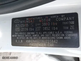 2006 Hyundai Elantra GLS with VIN KMHDN46D16U221642, listed as a IAAI auction lot 41754150 with 91,814 mi miles. Bid and sale history available at carsss.com. Image 9.