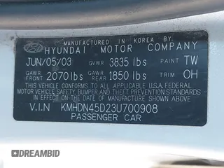 2003 Hyundai Elantra GLS z VIN KMHDN45D23U700908, wystawiony jako IAAI lot #42133529 z przebiegiem 100 955 mil mil oraz . Historia ofert i sprzedaży dostępna na DreamBid. Obrazek 9.
