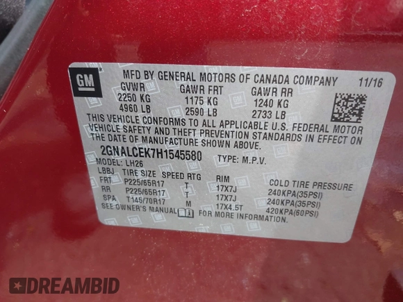 2017 Chevrolet Equinox LT with VIN 2GNALCEK7H1545580, listed as a IAAI auction lot 42113153 with 59,270 mi miles and . Bid and sale history available at DreamBid. Image 9.