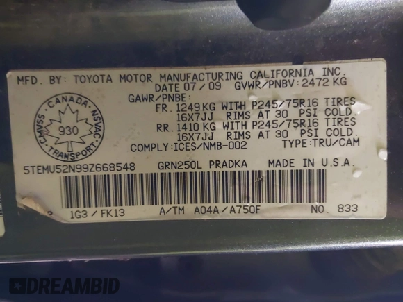 2009 Toyota Tacoma with VIN 5TEMU52N99Z668548, listed as a IAAI auction lot 41507218 with 153,565 mi miles and . Bid and sale history available at DreamBid. Image 9.