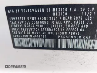2021 Volkswagen Jetta S z VIN 3VWC57BU7MM098161, wystawiony jako IAAI lot #41954687 z przebiegiem 42 161 mil mil oraz . Historia ofert i sprzedaży dostępna na DreamBid. Obrazek 9.