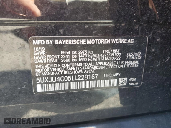2020 BMW X5 M50i with VIN 5UXJU4C05LL228167, listed as a Copart auction lot 70390194 with Not Provided miles and Salvage Title. Bid and sale history available at DreamBid. Image 13.