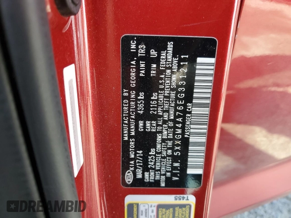 2014 Kia Optima LX with VIN 5XXGM4A76EG331211, listed as a Copart auction lot 61505605 with 152,275 mi miles and Salvage title. Bid and sale history available at DreamBid. Image 12.