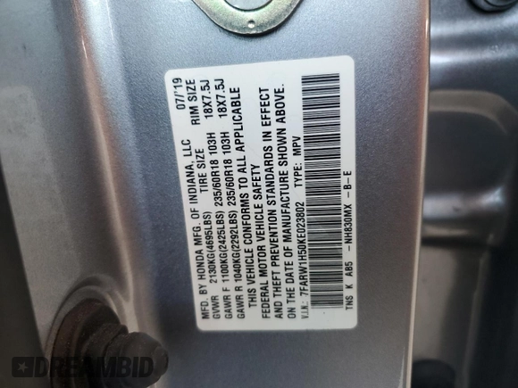 2019 Honda CR-V EX z VIN 7FARW1H50KE023802, wystawiony jako Copart lot #58191285 z przebiegiem 55 067 mil mil oraz Szkoda całkowita • Salvage title. Historia ofert i sprzedaży dostępna na DreamBid. Obrazek 14.