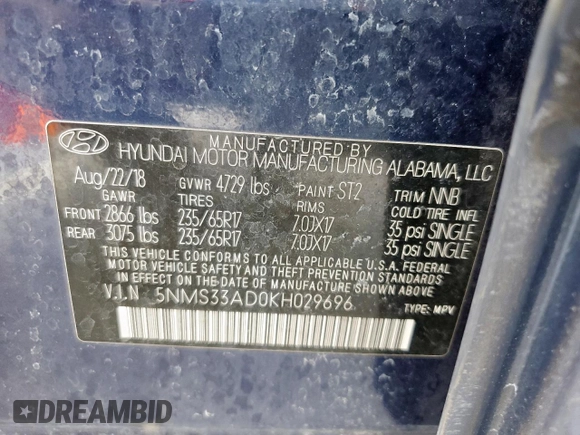 2019 Hyundai Santa Fe SEL z VIN 5NMS33AD0KH029696, wystawiony jako Copart lot #58147435 z przebiegiem 150 417 mil mil oraz Szkoda całkowita • Salvage title. Historia ofert i sprzedaży dostępna na DreamBid. Obrazek 13.
