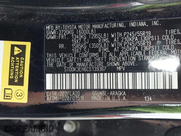2012 Toyota Highlander Limited with VIN 5TDDK3EH6CS139367, listed as a IAAI auction lot 42203725 with 124,606 mi miles and . Bid and sale history available at DreamBid. Image 9.