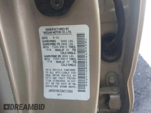 2002 Infiniti QX4 with VIN JNRDR09X52W213906, listed as a IAAI auction lot 41985589 with 166,733 mi miles and . Bid and sale history available at DreamBid. Image 9.