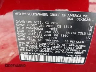 2024 Volkswagen Atlas SE z VIN 1V2KE2CA5RC250418, wystawiony jako IAAI lot #42231854 z przebiegiem 8 304 mil mil oraz . Historia ofert i sprzedaży dostępna na DreamBid. Obrazek 9.