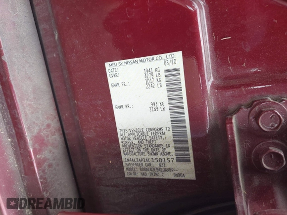 2010 Nissan Altima S with VIN 1N4AL2AP1AC150157, listed as a IAAI auction lot 42134390 with 242,905 mi miles and . Bid and sale history available at DreamBid. Image 9.