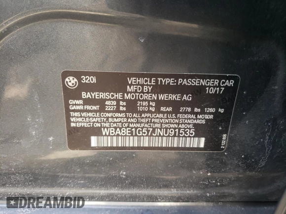 2018 BMW 3 Series 320i with VIN WBA8E1G57JNU91535, listed as a Copart auction lot 41772685 with 95,933 mi miles and Salvage Title. Bid and sale history available at carsss.com. Image 12.