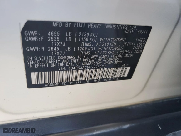 2015 Subaru Outback 2.5i with VIN 4S4BSAAC5F3226037, listed as a Copart auction lot 42187705 with 106,346 mi miles and Salvage Title. Bid and sale history available at carsss.com. Image 12.