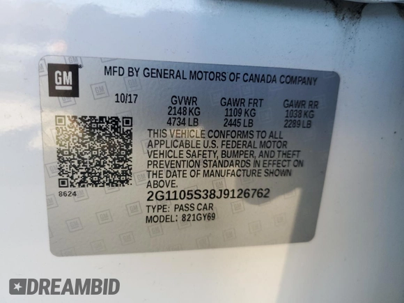 2018 Chevrolet Impala LT with VIN 2G1105S38J9126762, listed as a Copart auction lot 46434925 with 119,357 mi miles and Salvage Title. Bid and sale history available at DreamBid. Image 12.