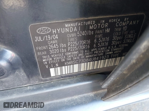 2004 Hyundai Santa Fe GLS с VIN KM8SC73D84U841923, выставлен на аукционе IAAI как лот 42182384 с пробегом 121 287 миль миль и . История ставок и продаж доступна на DreamBid. Изображение 9.