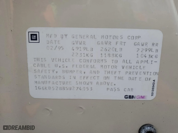 1995 Cadillac DeVille with VIN 1G6KD52B8SU274053, listed as a Copart auction lot 86429934 with 100,496 mi miles and Salvage Title. Bid and sale history available at carsss.com. Image 14.