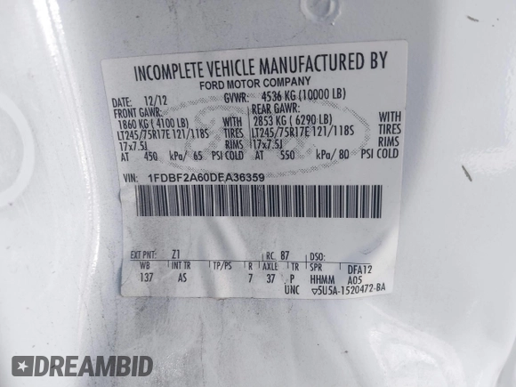 2013 Ford F-250 XL с VIN 1FDBF2A60DEA36359, выставлен на аукционе IAAI как лот 41638468 с пробегом 59 355 миль миль и . История ставок и продаж доступна на DreamBid. Изображение 9.