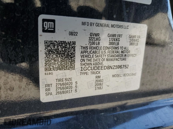 2022 Chevrolet Silverado 1500 RST with VIN 1GCUDEED8NZ596752, listed as a Copart auction lot 51057085 with 38,445 mi miles and Non Repairable. Bid and sale history available at DreamBid. Image 13.