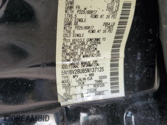 2005 Nissan Quest SE with VIN 5N1BV28U85N137125, listed as a Copart auction lot 85055754 with 207,201 mi miles and Salvage Title. Bid and sale history available at carsss.com. Image 16.