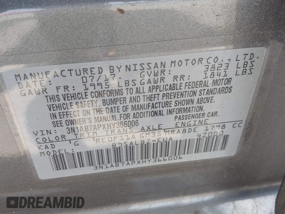2017 Nissan Sentra SV with VIN 3N1AB7APXHY366006, listed as a IAAI auction lot 42595547 with 50,839 mi miles and . Bid and sale history available at DreamBid. Image 9.