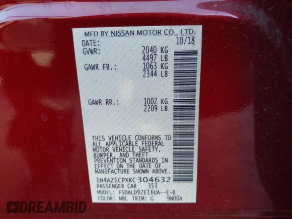2019 Nissan LEAF SV z VIN 1N4AZ1CPXKC304632, wystawiony jako IAAI lot #41321905 z przebiegiem 15 948 mil mil oraz . Historia ofert i sprzedaży dostępna na DreamBid. Obrazek 9.