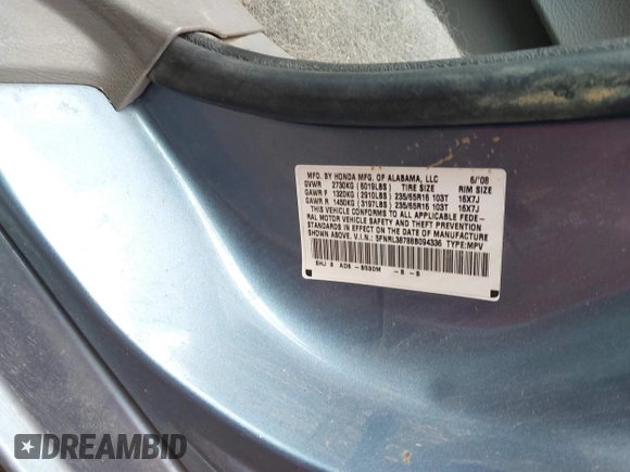 2008 Honda Odyssey EX-L с VIN 5FNRL38788B094336, выставлен на аукционе IAAI как лот 42042171 с пробегом 211 514 миль миль и . История ставок и продаж доступна на DreamBid. Изображение 9.
