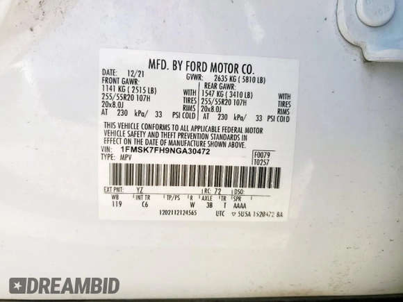 2022 Ford Explorer Limited with VIN 1FMSK7FH9NGA30472, listed as a Copart auction lot 61850155 with 48,201 mi miles and Salvage title. Bid and sale history available at DreamBid. Image 13.