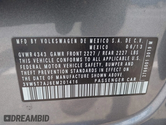 2014 Volkswagen Jetta GLI Autobahn with VIN 3VW5T7AJ6EM201416, listed as a IAAI auction lot 42684207 with 164,905 mi miles and . Bid and sale history available at DreamBid. Image 9.