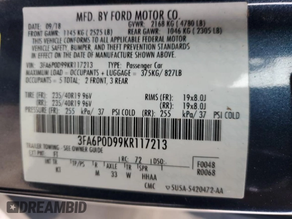 2019 Ford Fusion Titanium with VIN 3FA6P0D99KR117213, listed as a Copart auction lot 46450585 with 128,868 mi miles and Salvage Title. Bid and sale history available at carsss.com. Image 12.
