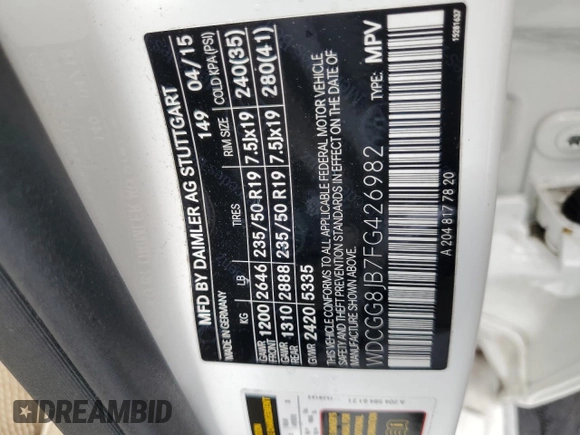 2015 Mercedes-Benz GLK 350 with VIN WDCGG8JB7FG426982, listed as a Copart auction lot 67532984 with 44,325 mi miles and Salvage Title. Bid and sale history available at DreamBid. Image 13.