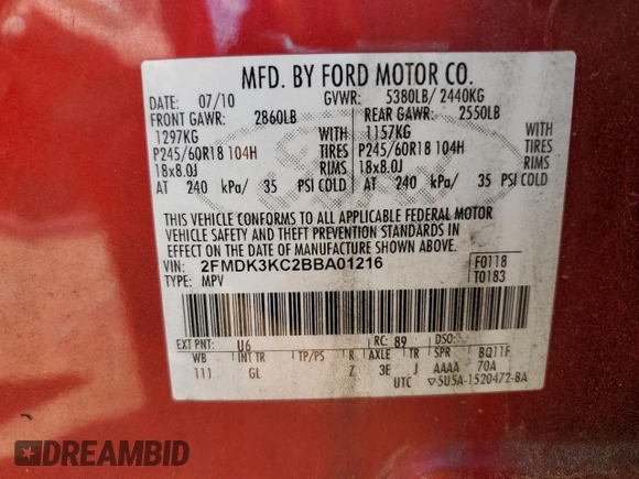 2011 Ford Edge Limited with VIN 2FMDK3KC2BBA01216, listed as a Copart auction lot 60713355 with 185,162 mi miles and Salvage title. Bid and sale history available at DreamBid. Image 13.