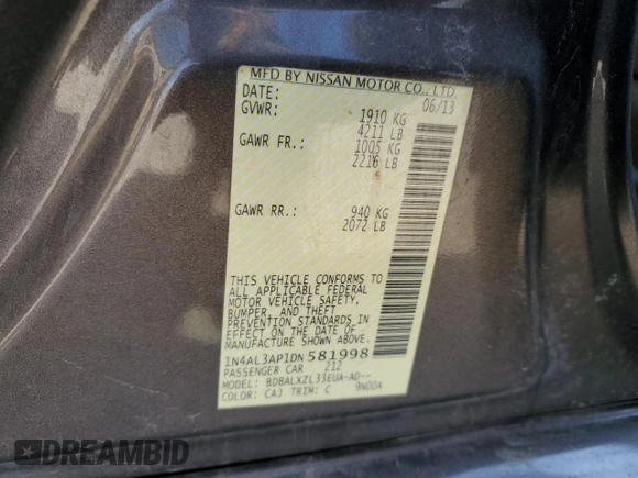 2013 Nissan Altima S with VIN 1N4AL3AP1DN581998, listed as a Copart auction lot 47602825 with 233,600 mi miles and Salvage Title. Bid and sale history available at DreamBid. Image 12.