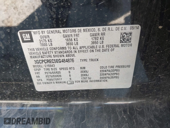 2014 Chevrolet Silverado 1500 LT with VIN 3GCPCREC5EG484876, listed as a IAAI auction lot 41867292 with 118,341 mi miles and . Bid and sale history available at DreamBid. Image 9.