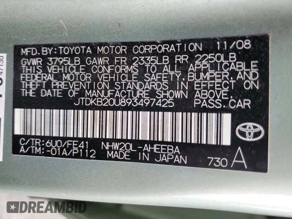 2009 Toyota Prius with VIN JTDKB20U893497425, listed as a Copart auction lot 55120325 with 148,215 mi miles and Clean Title. Bid and sale history available at carsss.com. Image 12.