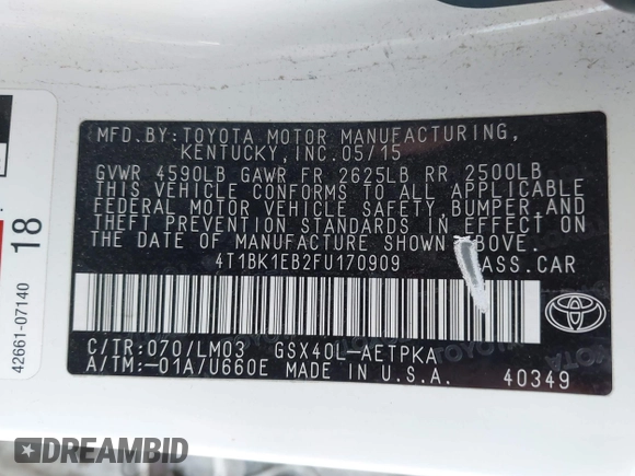 2015 Toyota Avalon Limited with VIN 4T1BK1EB2FU170909, listed as a IAAI auction lot 42035089 with 239,385 mi miles and . Bid and sale history available at DreamBid. Image 9.