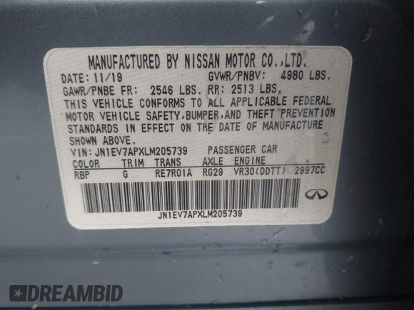 2020 Infiniti Q50 Luxe with VIN JN1EV7APXLM205739, listed as a IAAI auction lot 42084427 with 122,135 mi miles and . Bid and sale history available at DreamBid. Image 9.