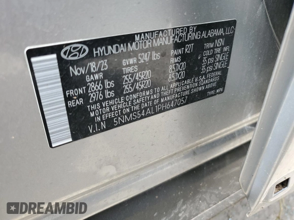 2023 Hyundai Santa Fe Calligraphy with VIN 5NMS54AL1PH647057, listed as a Copart auction lot 55030445 with 21,529 mi miles and Salvage title. Bid and sale history available at DreamBid. Image 13.