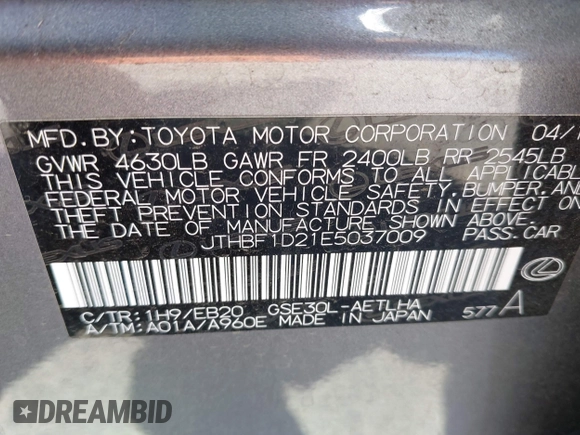 2014 Lexus IS 250 with VIN JTHBF1D21E5037009, listed as a IAAI auction lot 42555142 with 121,026 mi miles and . Bid and sale history available at DreamBid. Image 9.