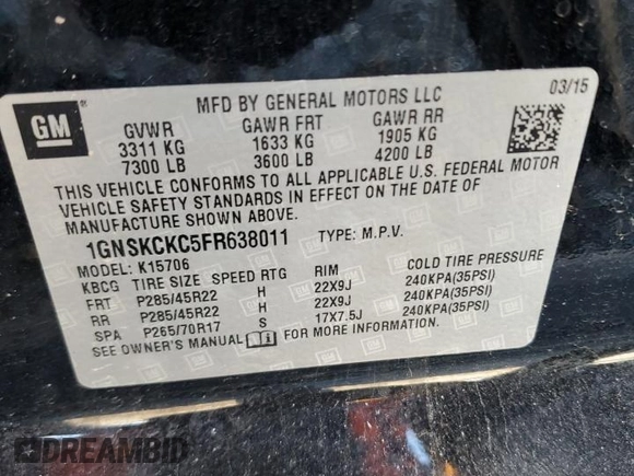 2015 Chevrolet Tahoe LTZ z VIN 1GNSKCKC5FR638011, wystawiony jako Copart lot #49269395 z przebiegiem 127 427 mil mil oraz Szkoda całkowita • Salvage title. Historia ofert i sprzedaży dostępna na DreamBid. Obrazek 15.