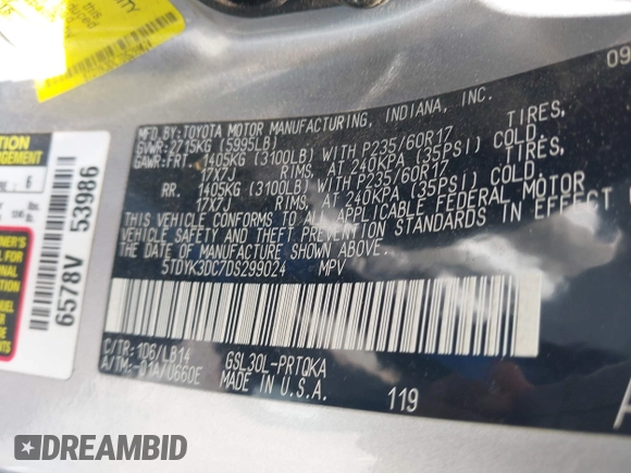 2013 Toyota Sienna XLE AAS with VIN 5TDYK3DC7DS299024, listed as a IAAI auction lot 42055130 with 349,520 mi miles. Bid and sale history available at carsss.com. Image 9.