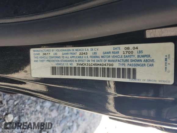 2005 Volkswagen Beetle GLS с VIN 3VWCK31C45M404700, выставлен на аукционе Copart как лот 52366175 с пробегом 189 954 миль миль и Списание • Salvage title. История ставок и продаж доступна на DreamBid. Изображение 12.