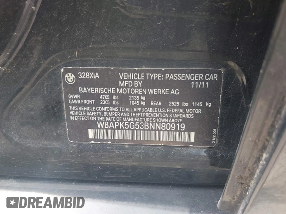 2011 BMW 3 Series 328i xDrive with VIN WBAPK5G53BNN80919, listed as a IAAI auction lot 42087970 with 91,521 mi miles and . Bid and sale history available at carsss.com. Image 9.
