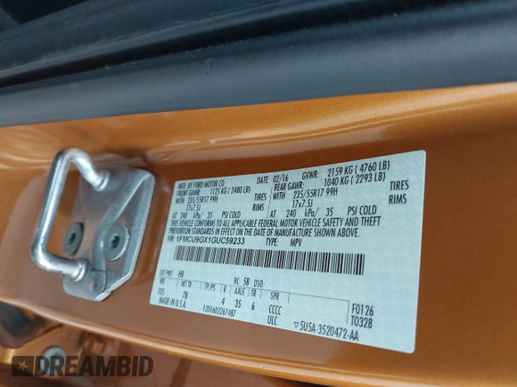 2016 Ford Escape SE z VIN 1FMCU9GX1GUC59233, wystawiony jako IAAI lot #41958573 z przebiegiem 133 223 mil mil oraz . Historia ofert i sprzedaży dostępna na DreamBid. Obrazek 9.
