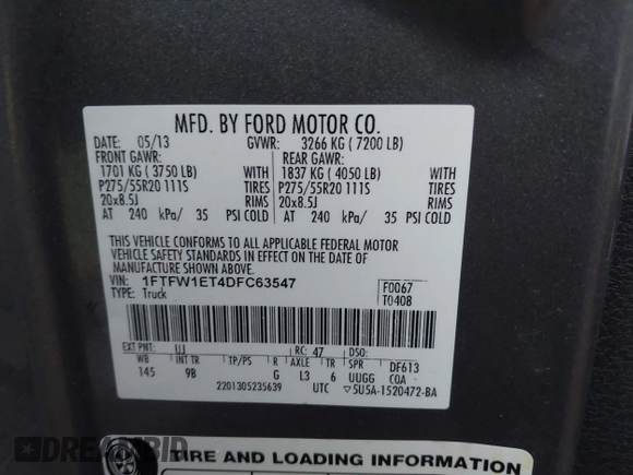 2013 Ford F-150 XL z VIN 1FTFW1ET4DFC63547, wystawiony jako IAAI lot #42362398 z przebiegiem 132 186 mil mil oraz . Historia ofert i sprzedaży dostępna na DreamBid. Obrazek 9.