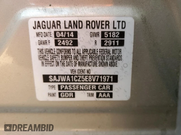 2014 Jaguar XJ with VIN SAJWA1CZ5E8V71971, listed as a Copart auction lot 82116114 with 127,164 mi miles and Salvage Title. Bid and sale history available at DreamBid. Image 13.