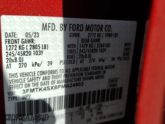 2023 Ford Mustang Mach-E GT z VIN 3FMTK4SX8PMA24803, wystawiony jako Copart lot #57427995 z przebiegiem Nie podano mil oraz Szkoda całkowita • Salvage title. Historia ofert i sprzedaży dostępna na DreamBid. Obrazek 12.